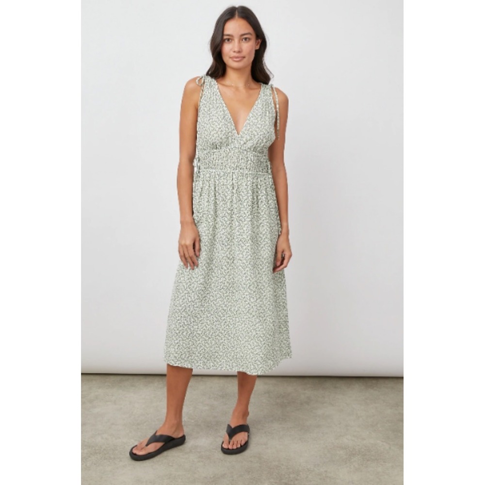 NWT Rails Constantine Dress Green Garden Floral Smocked Waist V Neck Midi Sz XS
